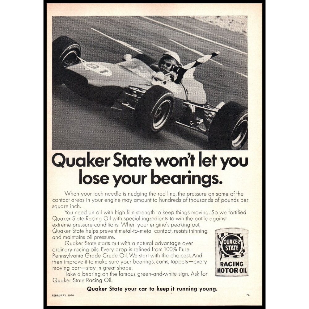 1970 Quaker State Motor Oil Vintage Print Ad Open Wheel Checkered Flag Wall Art